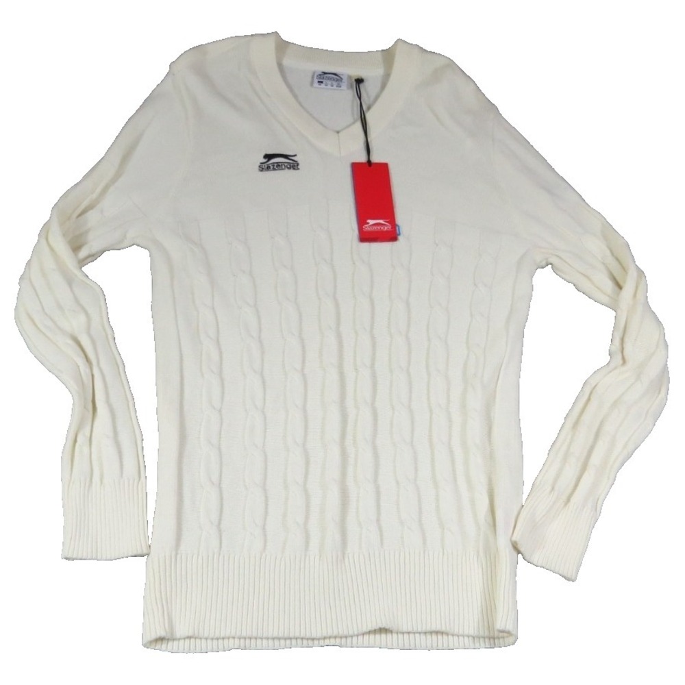 NWT Slazenger Classic Sweater Men Large White Cable Knit V-Neck Cricket Pullover